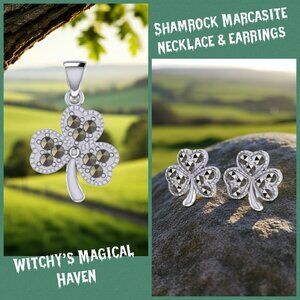 Celtic Irish Shamrock Marcasite Sterling Silver Pendant and Earrings Set